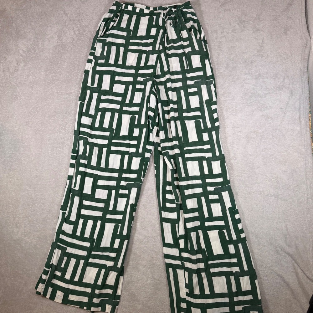 Rue Stiic Green White Geometric Print Wide‎ Leg Wrap Pants Viscose Boho XS S